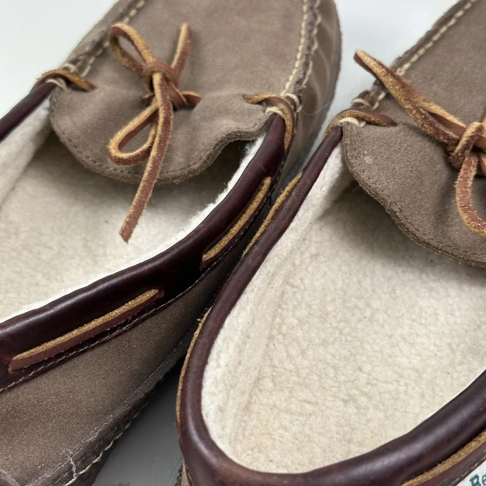 LL Bean‎  HandSewn Shearling Lined Slippers Mens 8Brown Roughout Suede Moccasins